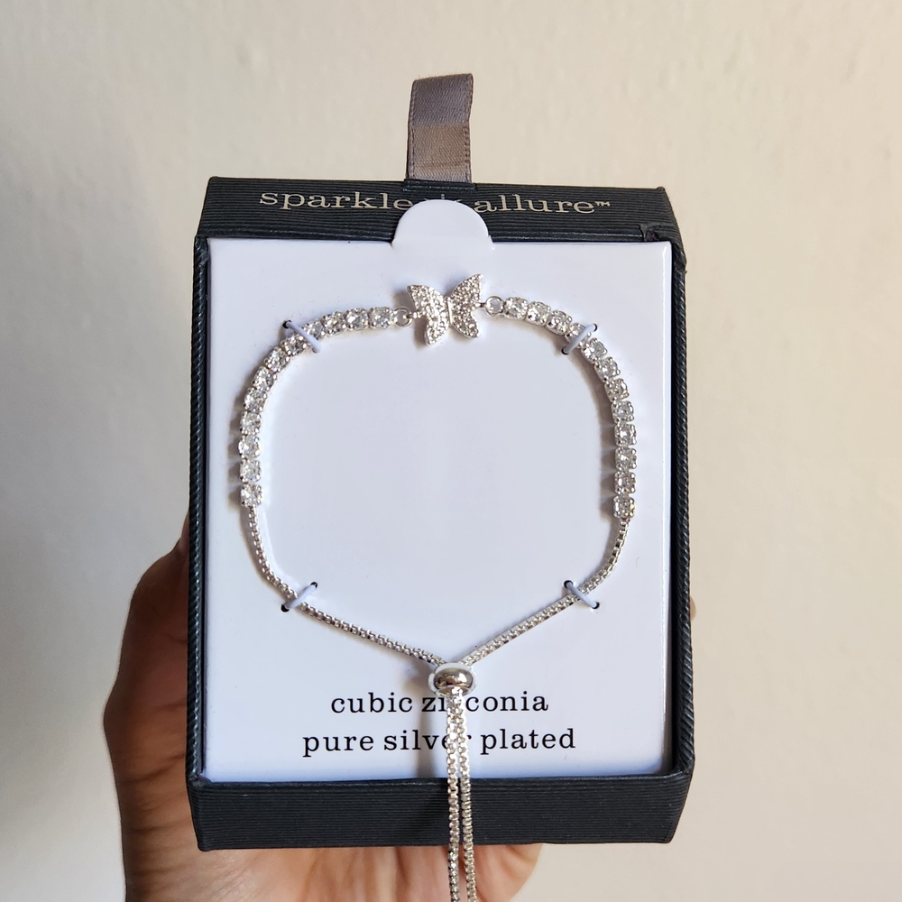 Sparkle Allure Silver Cubic Zirconia Adjustable Bracelet Butterfly Design